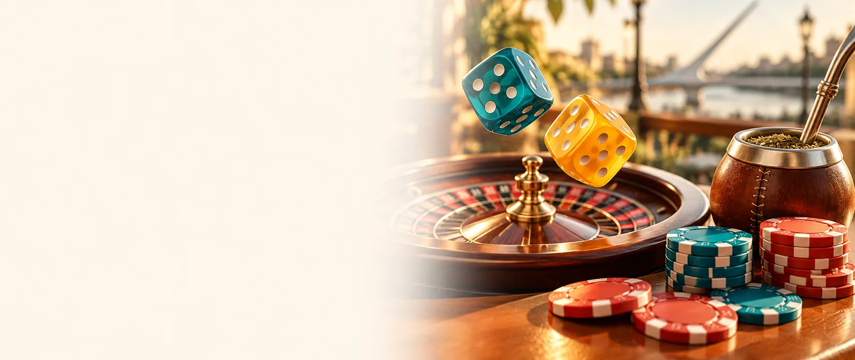 Dados, ruleta, fichas de casino y un mate sobre una mesa, con Buenos Aires de fondo
